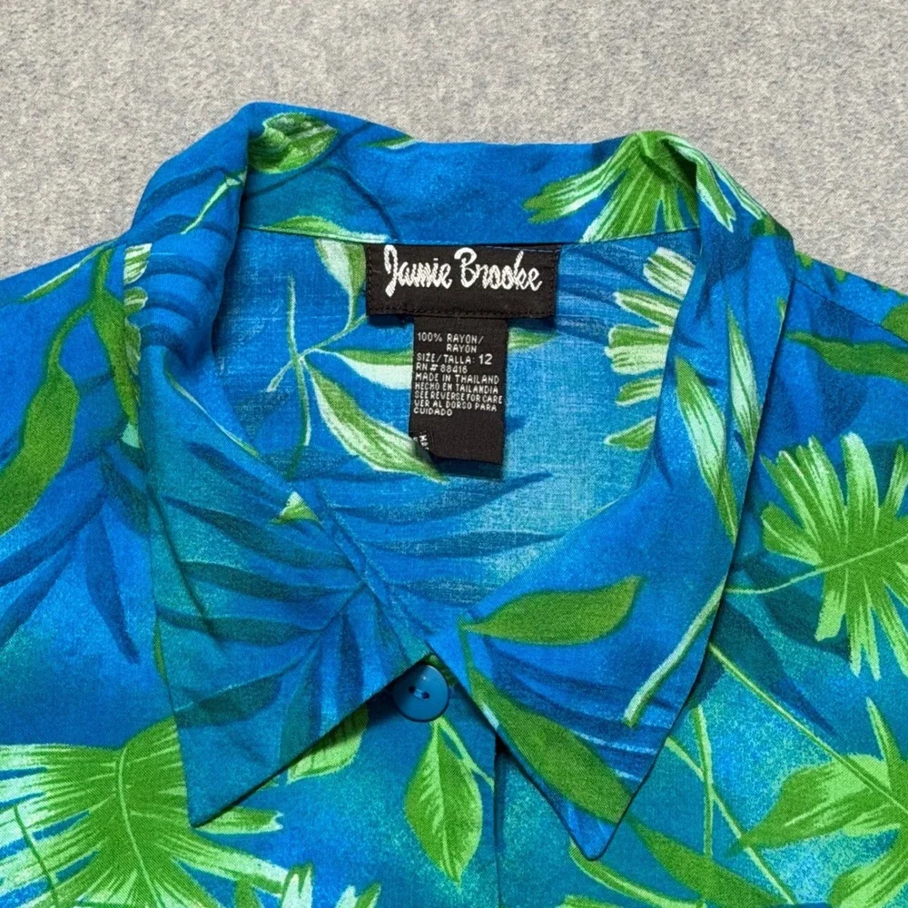 Jamie Brooke Womens Tropical Leaf Button‎ Up Shirt Blue Green Rayon Size 12